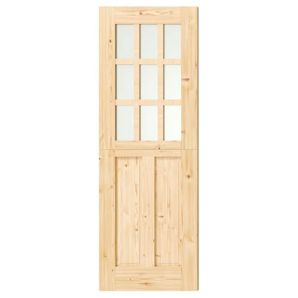 30 in. x 80 in. 9 Lite Frosted Glass Solid Core Natural Pine Wood Finished Interior Dutch Door, Single Split Door Slab