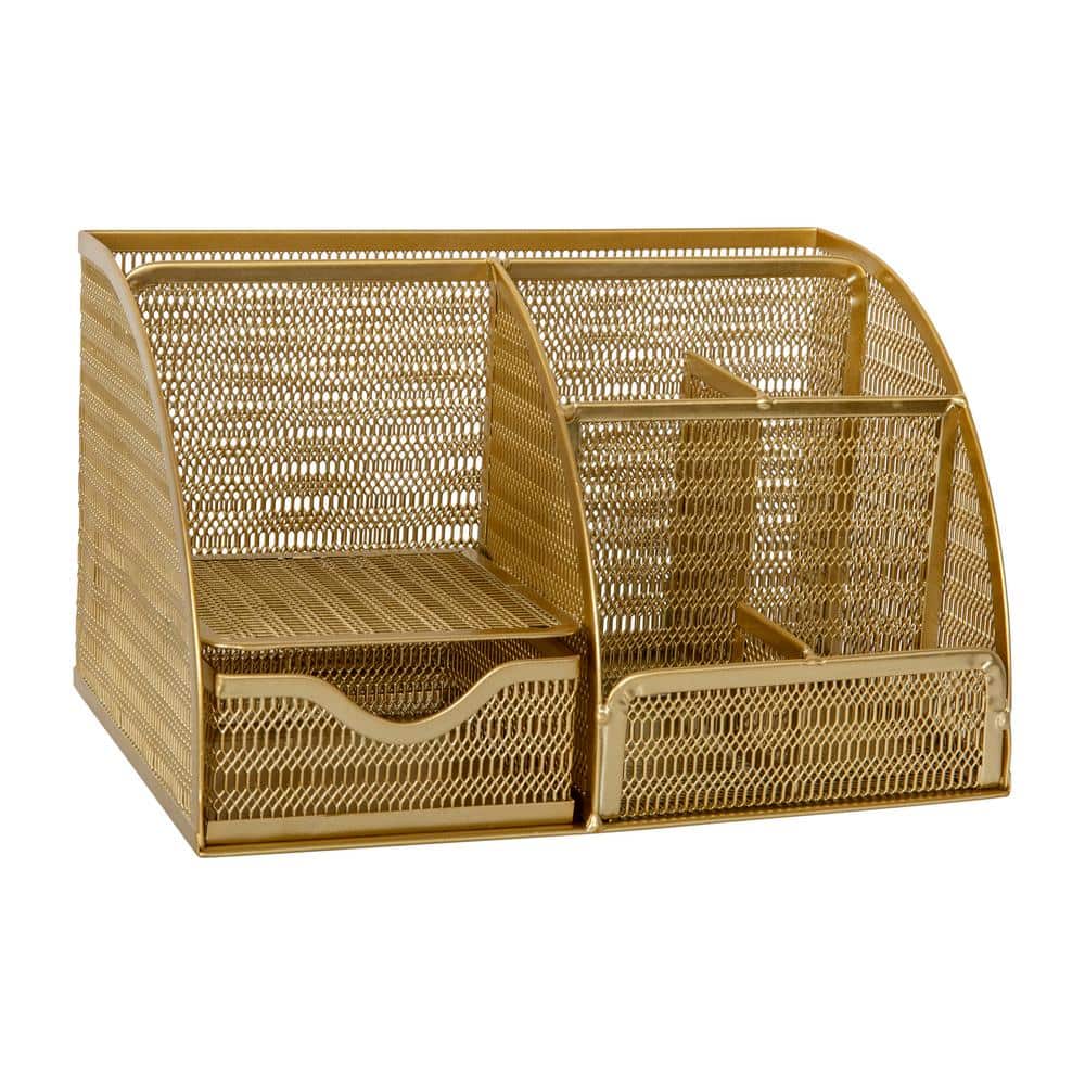 Gold Mesh Metal Small Desktop Organizer with Drawer