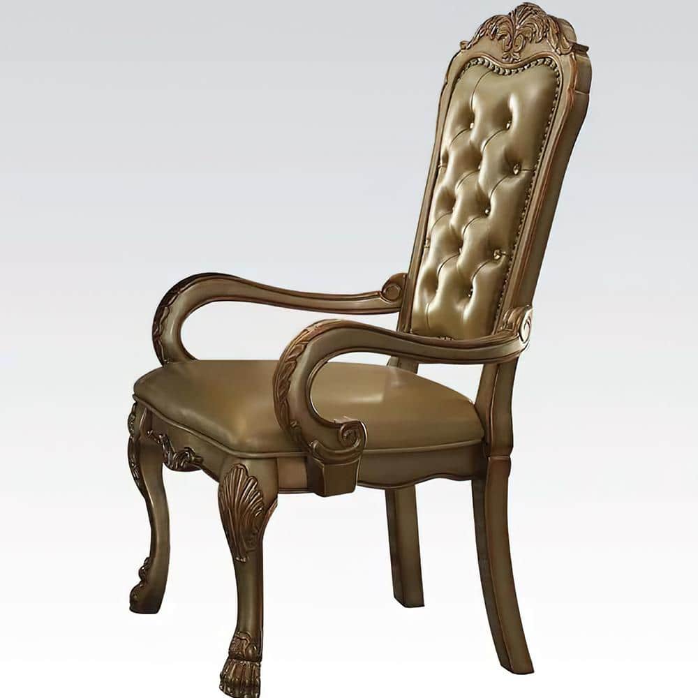 Bone Faux Leather Upholstered Armchair with Gold Patina Finish