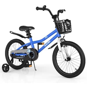 18 in. Kid's Bike with Removable Training Wheels and Basket for 4-Years to 8-Years Old Boys Girls Blue