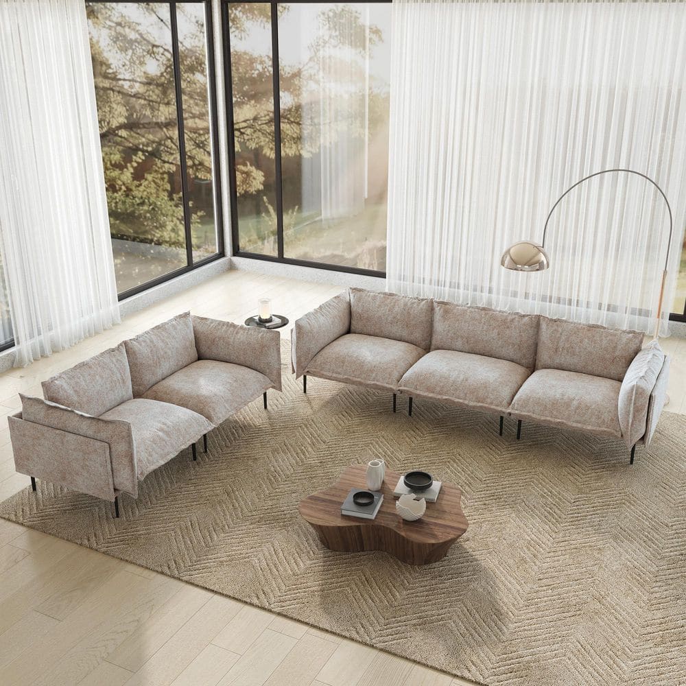 Living Room Set 111 in. 3-Seat and 75 in. Loveseat Tapered Arm Velvet Modular Cloud Sofa with Metal High Legs in Tannish