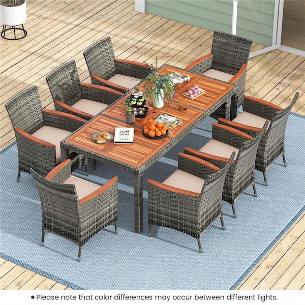 9-Piece Acacia Wood Rectangle 29 in Outdoor Dining Set with Cushion Beige