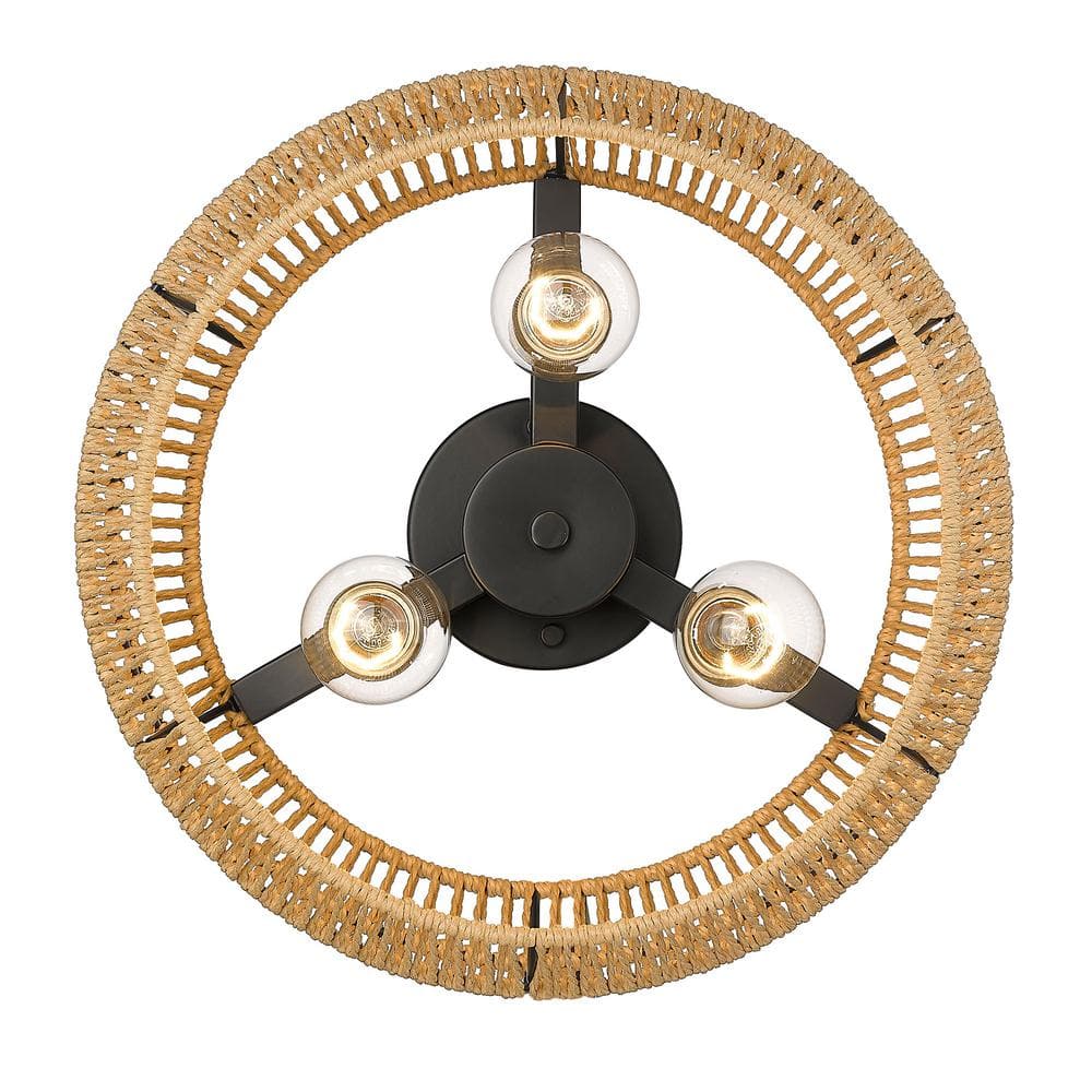 Matte Black and Natural Rope 14" Drum Semi-Flush Mount Light