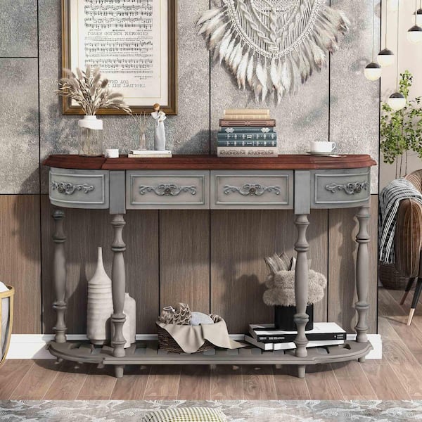 Polibi 52 in. Antique Gray Half-Moon Wood Console Table with 4 Drawers and 1 Shelf
