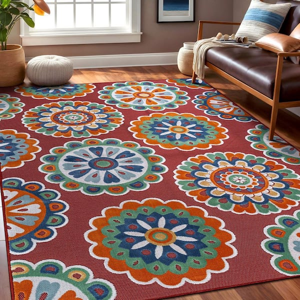 Mandala Red 6 ft. x 9 ft. Washable Bohemian Medallion Indoor Outdoor Area Rug