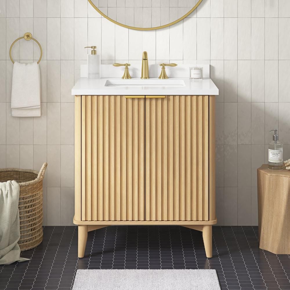 Gabi 30 in. W Freestanding Rustic Ash Bath Vanity with White Engineered Stone Top price history on PriceWatchPro