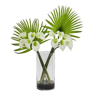 Calla Lily and Fan Palm Artificial Arrangement in Cylinder Glass Vase