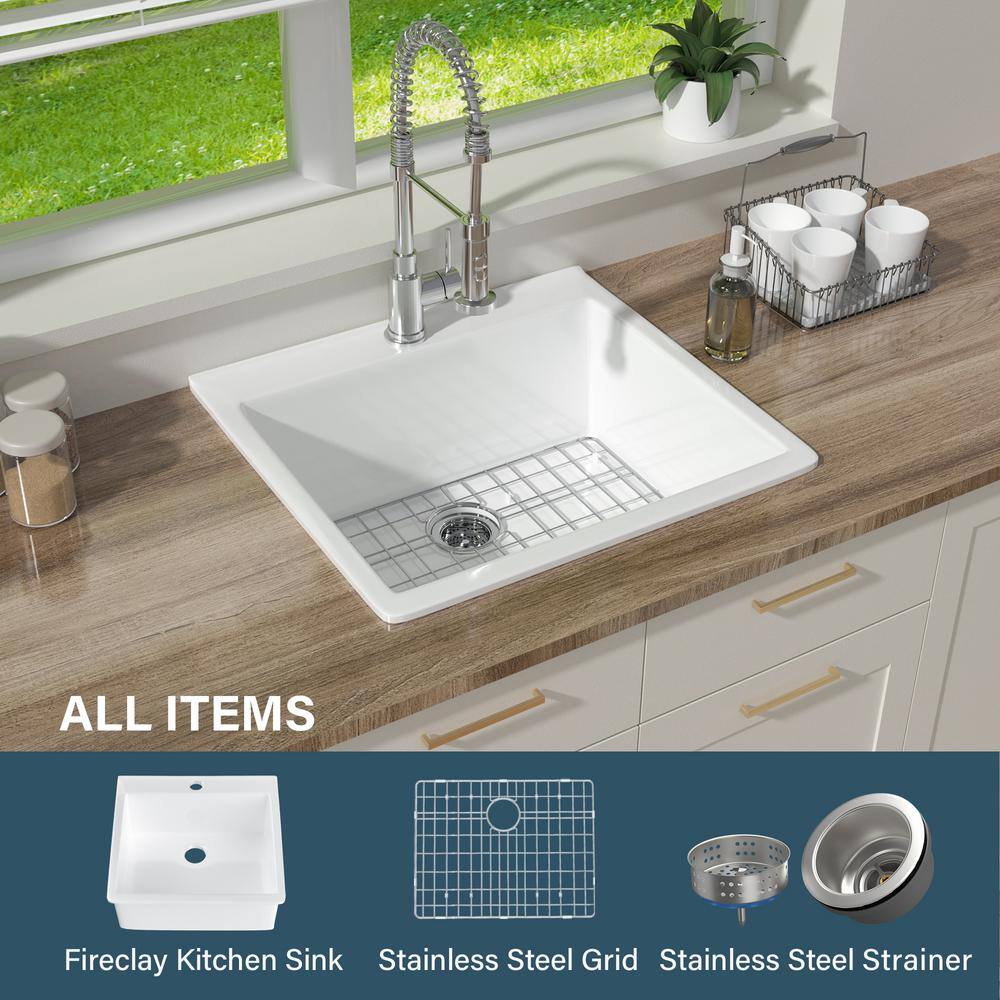 24'' White Fireclay Drop-In Single Bowl Kitchen Sink