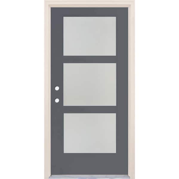 36 in. x 80 in. Right-Hand/Inswing 3 Lite Satin Etch Glass London Painted Fiberglass Prehung Front Door w/4-9/16" Frame