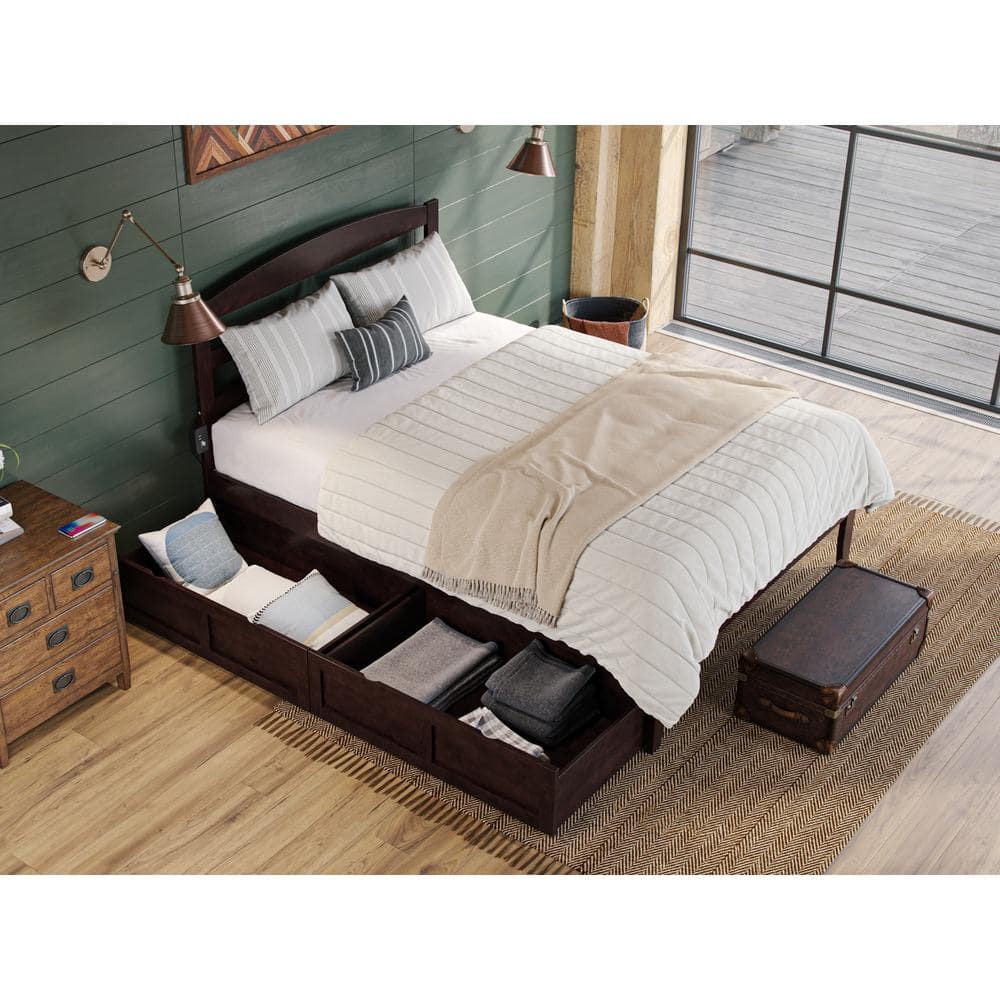 Espresso Queen-Sized Wood Frame Upholstered Platform Bed with Storage