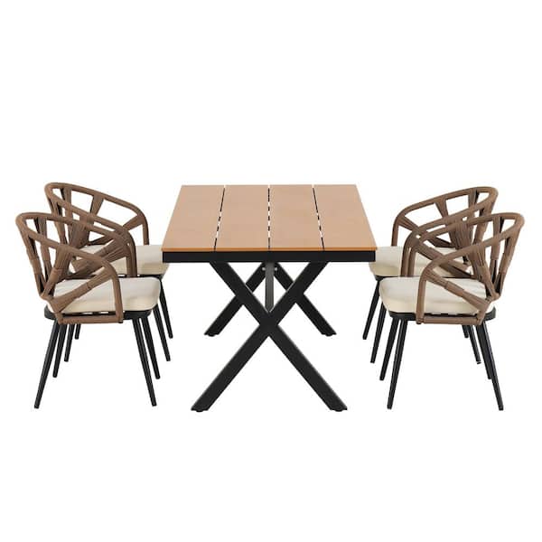 5-Piece Metal Outdoor Dining Set with Beige Cushion, Brown PE Rattan Chairs and Plastic Wood Table
