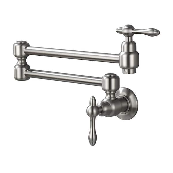 Wall Mounted Folding Pot Filler with Double-Handle Brass Stretchable Kitchen Sink Faucet in Brushed Nickel