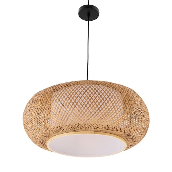 OUKANING 23.6 in. 1-Light Vintage Bamboo Rattan Lantern Pendant Light with Hand-Woven Bamboo Shade