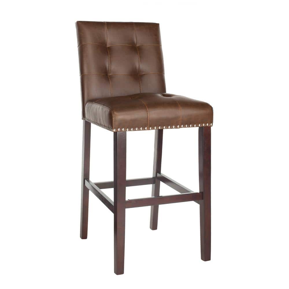 Nikita Brown Leather and Wood Bar Stools, Set of 2