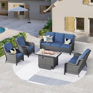 Joyoung Gray 5-Piece Wicker Patio Rectangle Fire Pit Conversation Seating Set with Denim Blue Cushions