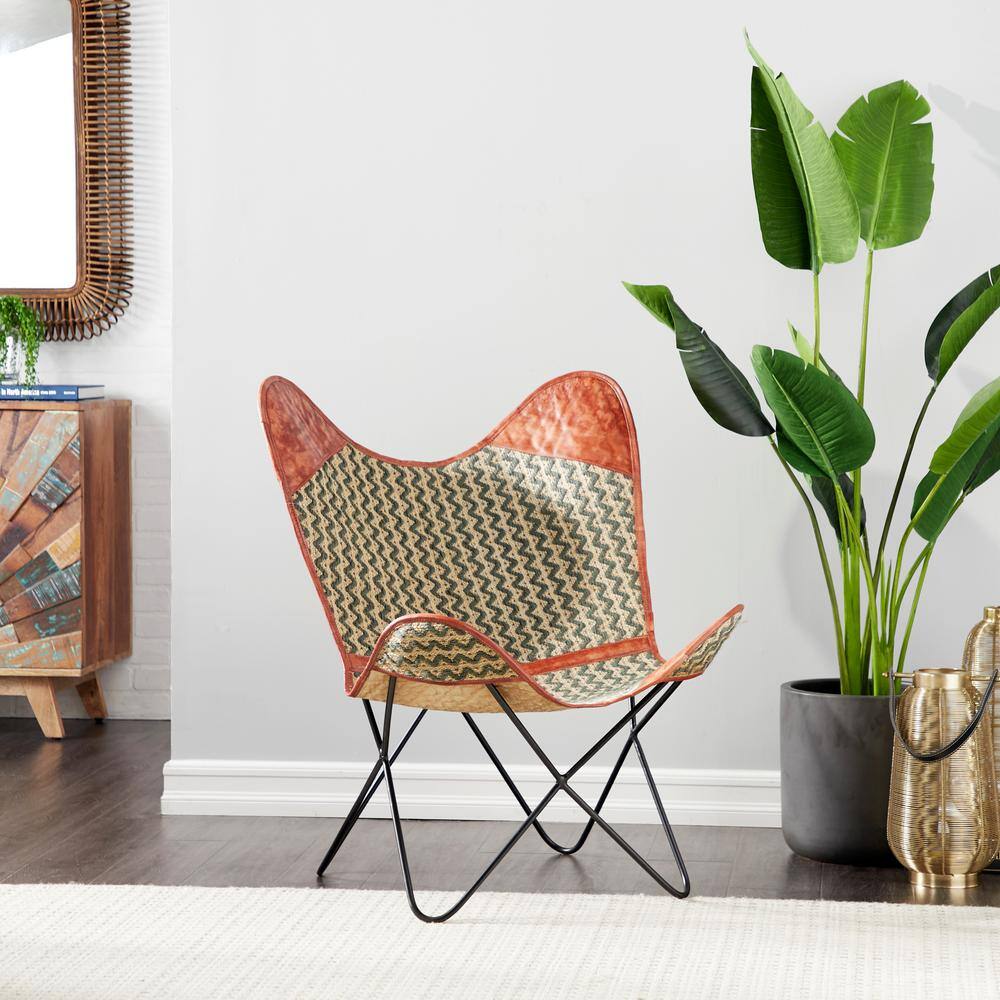 Zigzag Gray Leather Butterfly Accent Chair with Metal Frame