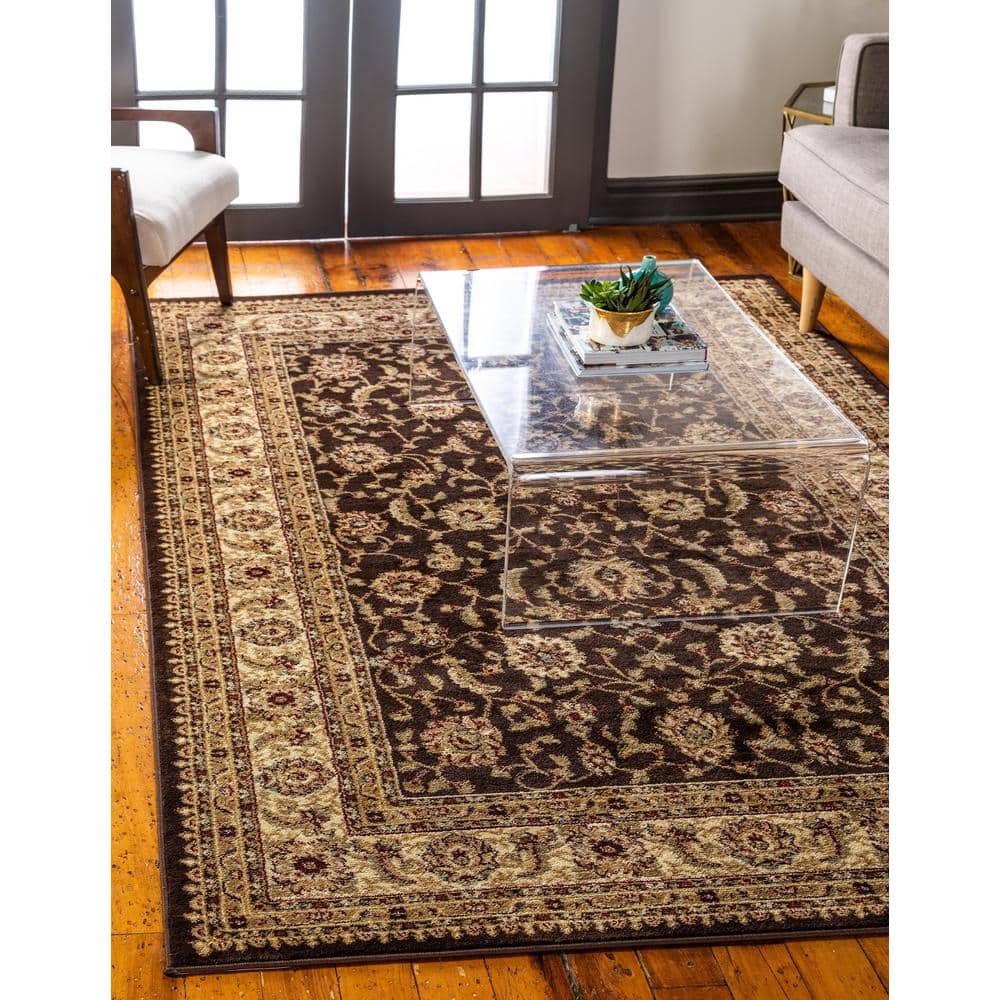 Brown and Ivory Floral Rectangular Synthetic Area Rug, 9' x 12'