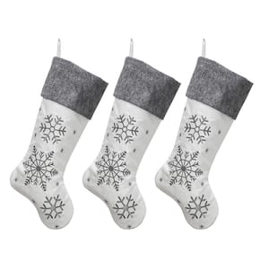 New Traditions 20 in White Linen Snowflake Christmas Stocking with Knit Cuff 3-pack