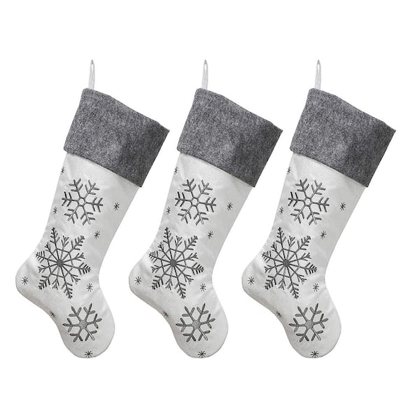 NEW TRADITIONS SIMPLIFY YOUR HOLIDAY New Traditions 20 in White Linen Snowflake Christmas Stocking with Knit Cuff 3-pack