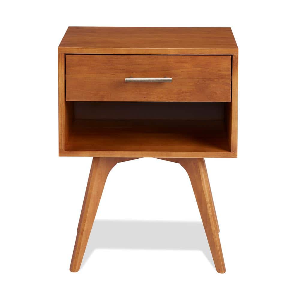 Mid Century Modern Solid Wood Nightstand with Drawer in Castanho Finish