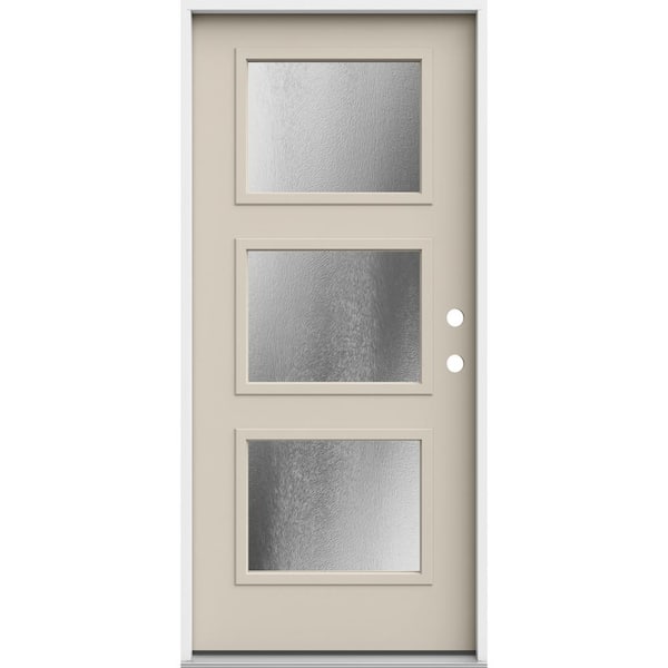 JELD-WEN 36 in. x 80 in. Left-Hand/Inswing 3 Lite Equal Chinchilla Frosted Glass Primed Steel Prehung Front Door
