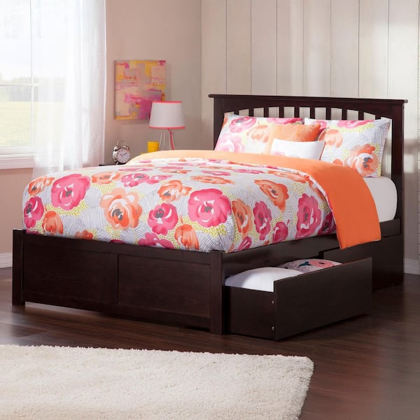 Mission Espresso King Solid Wood Storage Platform Bed with Flat Panel Foot Board and 2 Bed Drawers