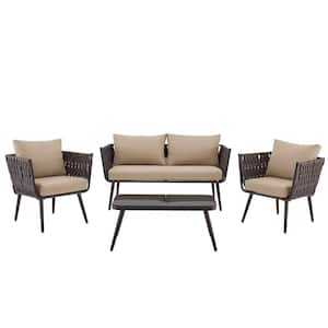 4-Piece Wicker Sofas Rattan Outdoor Patio Conversation Set with Coffee Table and Beige Cushioned Chairs