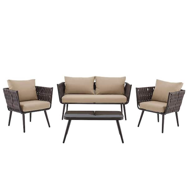 Barton 4-Piece Wicker Sofas Rattan Outdoor Patio Conversation Set with Coffee Table and Beige Cushioned Chairs