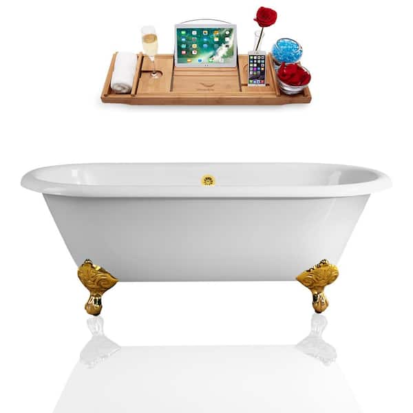 Streamline 66 in. Cast Iron Clawfoot Non-Whirlpool Bathtub in White with Polished Gold Drain, Polished Gold Clawfeet, Tray