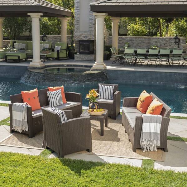 Noble House Nolan Brown 8-Piece Faux Rattan Patio Conversation Set with Mix Beige Cushions