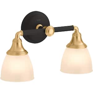 Devonshire 2 Light Black with Brass Trim Indoor Bathroom Vanity Light Fixture, Position Facing Up or Down, UL Listed