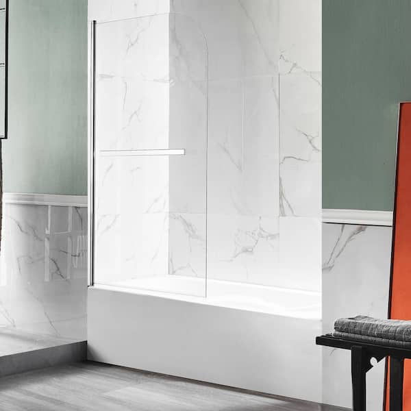 Myth 28 in. W x 56 in. H Frameless Hinged Bathtub Door in Polished Chrome with Handle