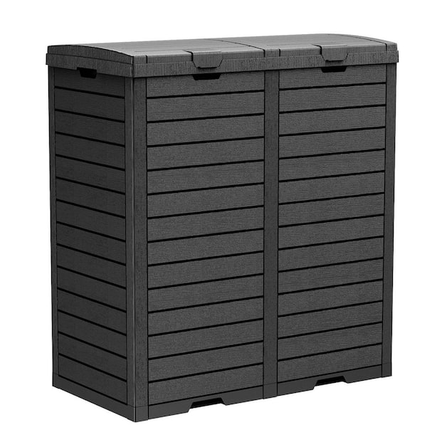 62 Gal. Black Resin Deck Box with Tiered Lid and Drip Tray for Garden, Backyard, Deck