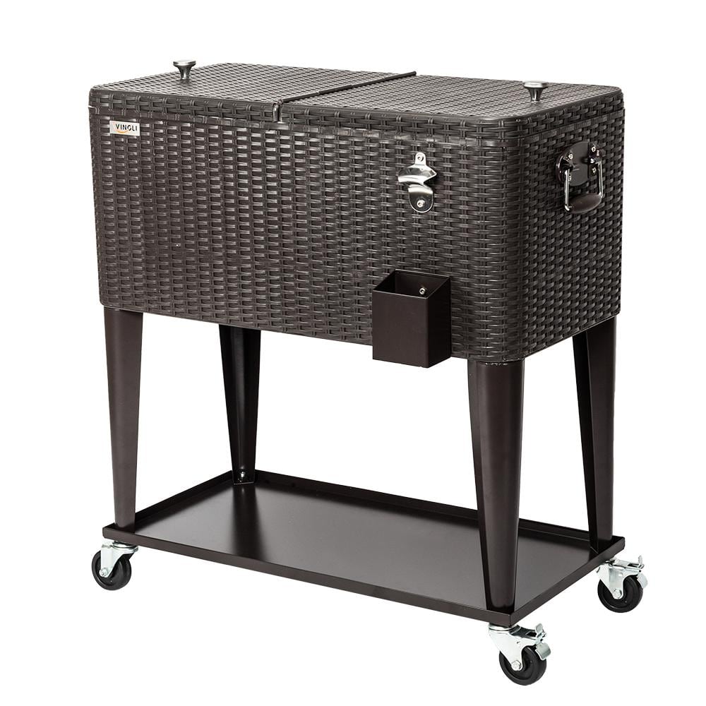 VINGLI 80 Quart Black Rattan Rolling Cooler with Shelf