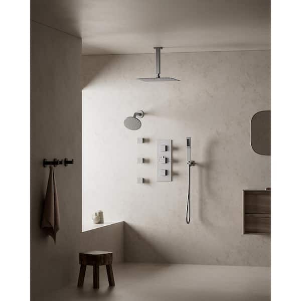 Thermostatic 8-Spray 12 and 6 in. Wall Mount Dual Fixed and Handheld Shower Head 2.5 GPM with 3-Jets in Brushed Nickel