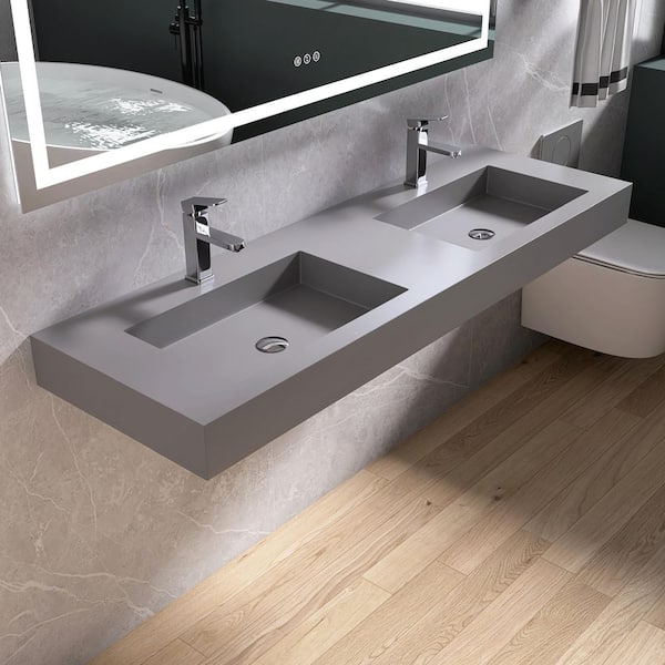 59 in. W x 19 in. D x 4 in. H Solid Surface Bathroom Double Wall-Mount Sink/ Vessel Sink in Gray with Faucet Hole