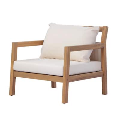 Isla Light Teak Finish Solid Wood Patio Outdoor Lounge Chair with Beige Cushions and Fabric Backrest