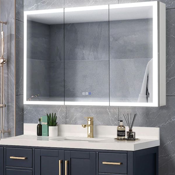 AZDHOME 48 in. W x 30 in. H Rectangular Silver Aluminum Recessed/Surface Mount Lighted Medicine Cabinet with Mirror And Dimming