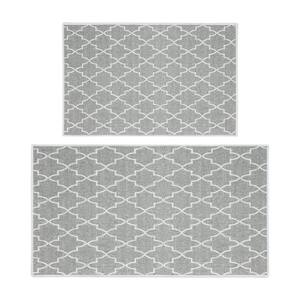 Geometric Gray 44 in. x 24 in. and 31.5 in. x 20 in. Non Skid, Washable, Thin, Multipurpose Kitchen Rug Mat (Set of 2)