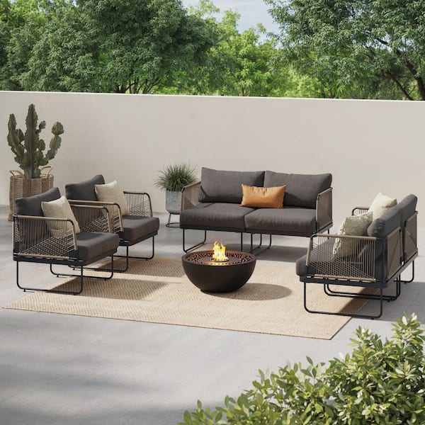 Nathan James Isla Bohemian 4-Piece Conversation Patio Set, Metal Outdoor Loveseat and Chair Set with Dark Gray Cushions