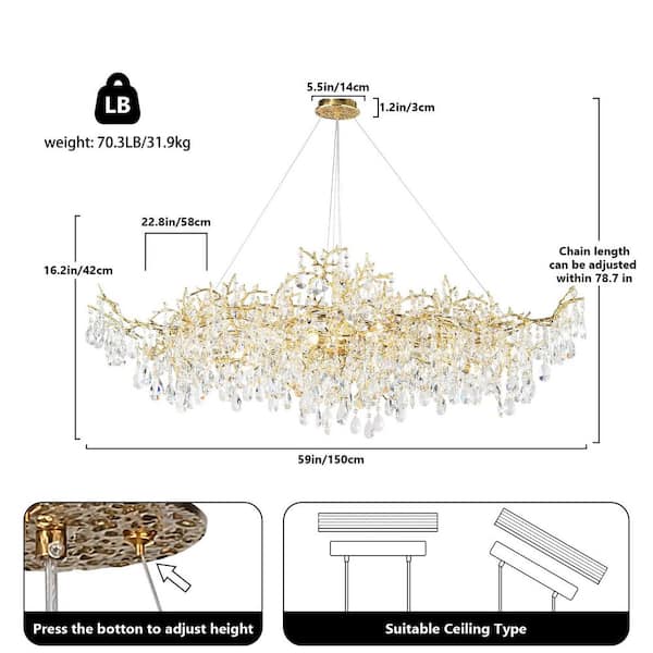 Miles Lightings 59 in. 18-Lights Gold Luxury Crystal Linear