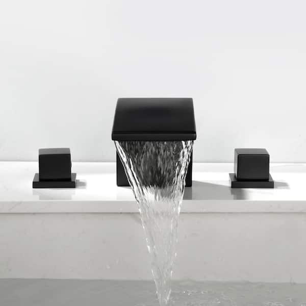 8 in. Widespread Double Handles Waterfall Spout Bathroom Faucet with Supply Line in Matte Black