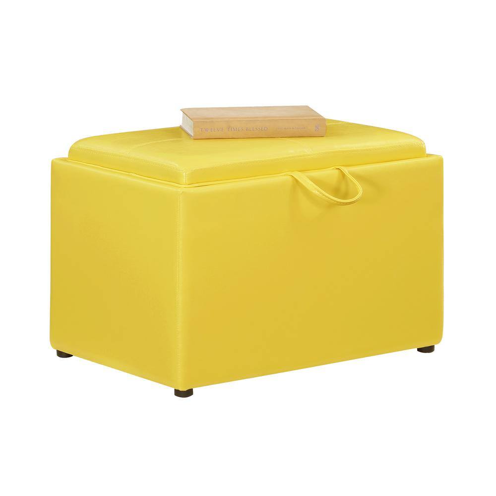 Modern Yellow Faux Leather Accent Storage Ottoman with Reversible Tray