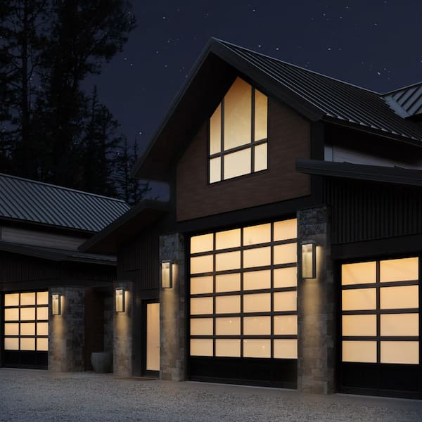 8 in. Black Motion Sensing Dusk to Dawn LED Hardwired Wall Lantern Sconce with Ripple Glass