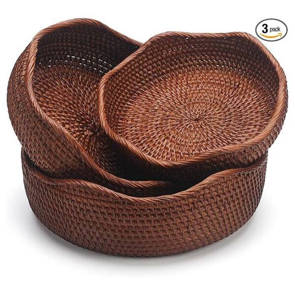 Dark Brown Rattan Round Fruit Baskets, Wicker Storage Bowls for Kitchen Counter Organizing, (Set of 3)