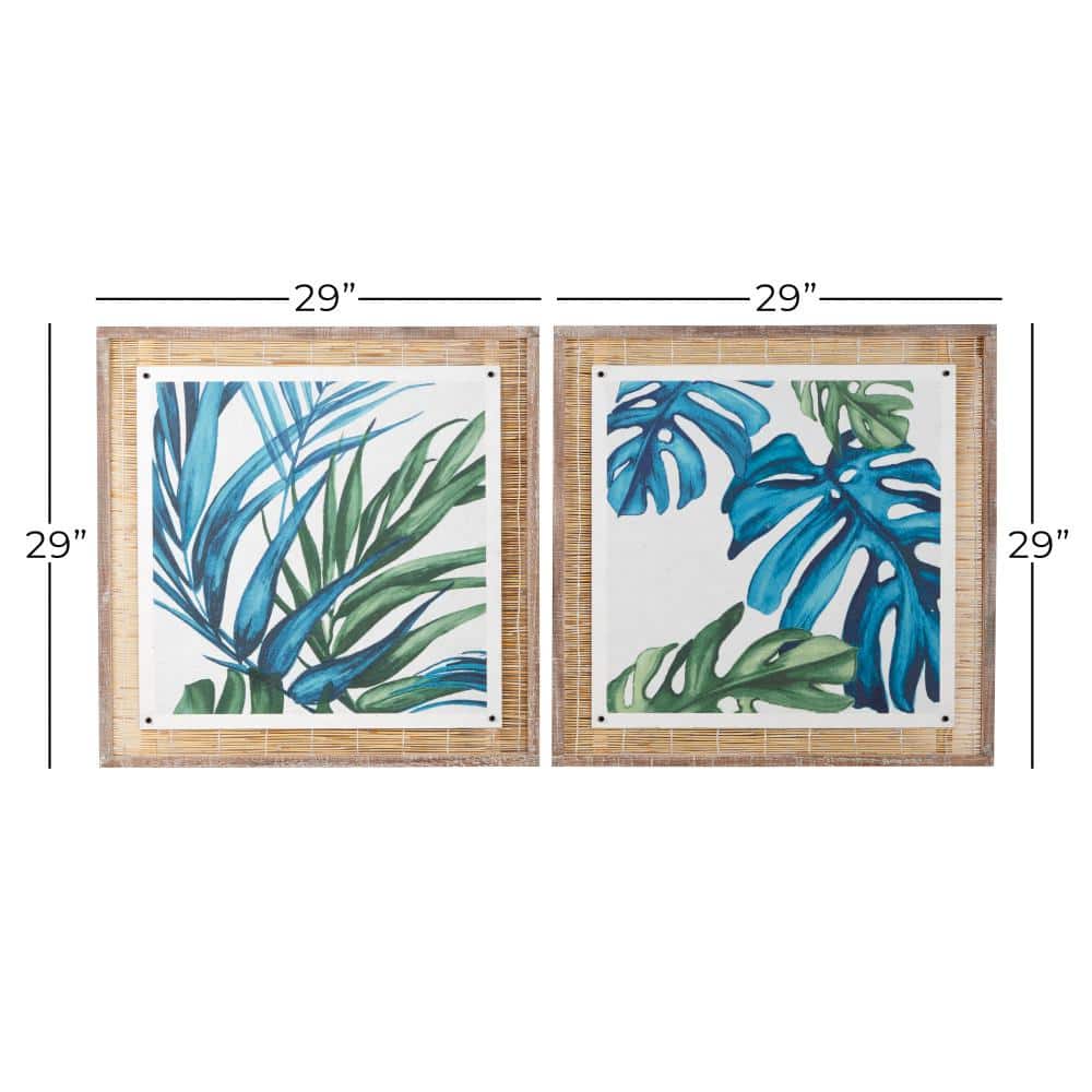Blue and Green Abstract Leaf Wall Art with Brown Wood Frame, Set of 2
