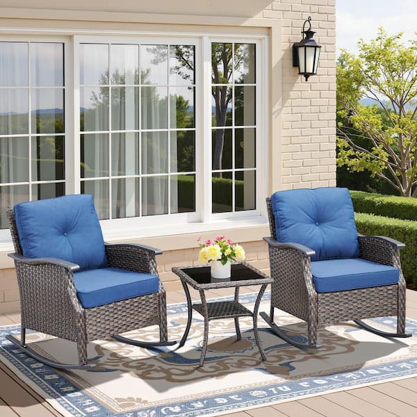 Buenaola Nyajiah 3-Piece Dark Brown Rocking Wicker Outdoor Lounge Chair Set with Blue Cushions and 1-Side Table