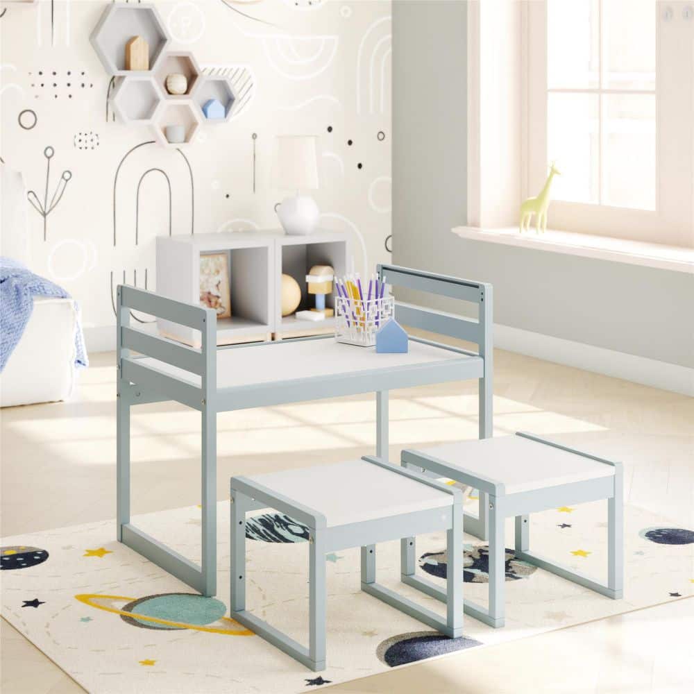 Signy 3-Piece Kids Rectangular Wood Top Blue/White Activity Table Set
