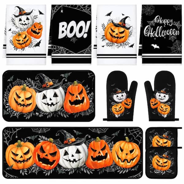 Classic Color Halloween Kitchen Decor Set with 4 Towels, 2 Pot Holders, 2 Oven Mitts and 2 Mats