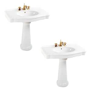 Darbyshire 33.5 in. W White Porcelain Pedestal Bathroom Sink with 8 in. Widespread Faucet Holes and Overflow Set of 2